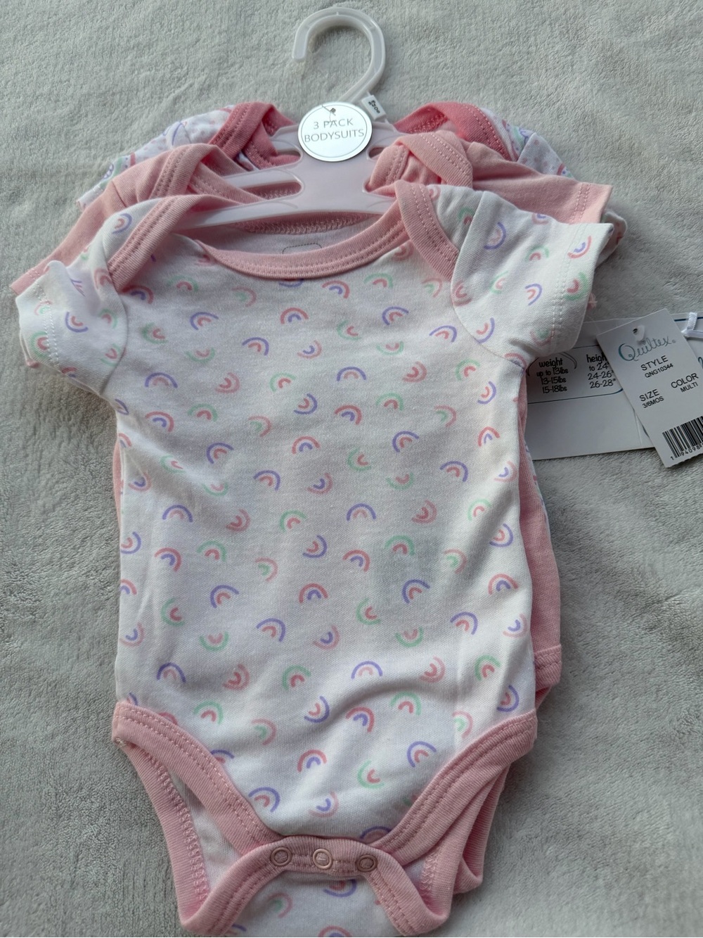 Quiltex Pink and Pastel Rainbow Print Baby Bodysuit 3-Pack Size 3/6